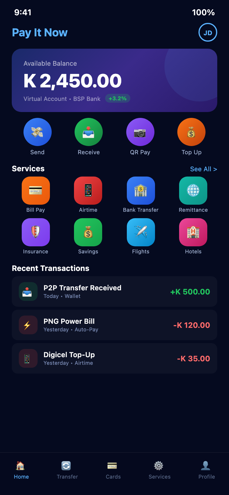 PIN Kina Wallet home screen