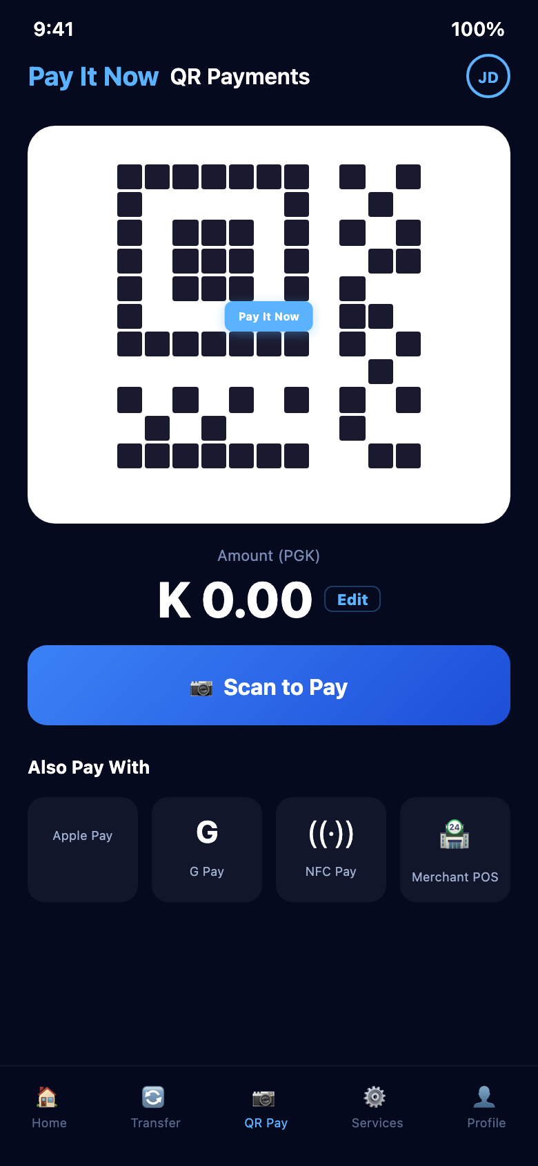 PIN QR Payments screen